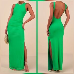 Lulus Karise Green Mesh Ruched Backless Maxi Dress, Size Small